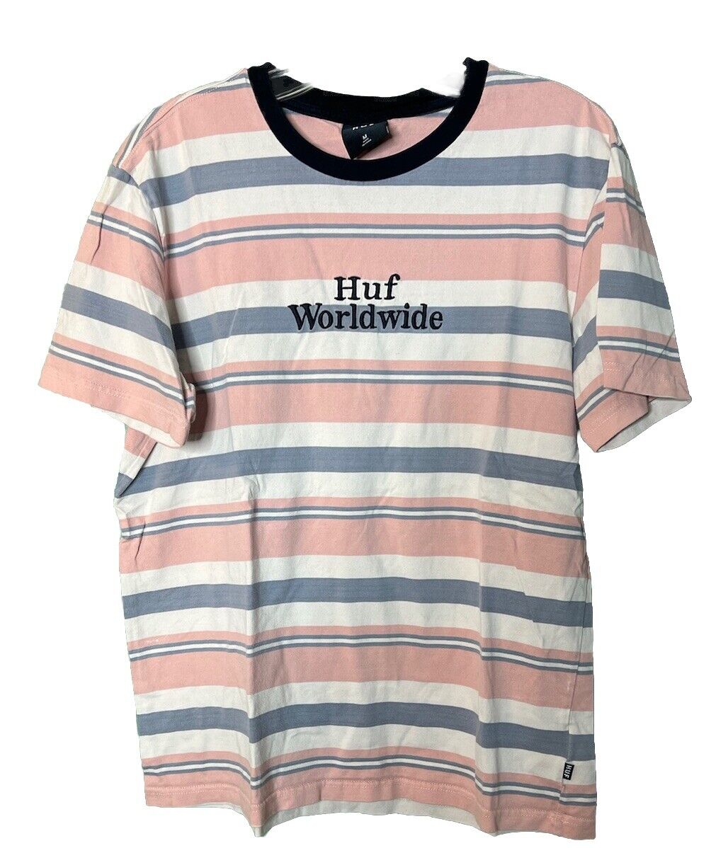 HUF Worldwide T-Shirt Adult Men’s Size Medium Striped Embroidered Multicolor