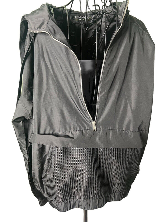 Forever 21 Windbreaker Jacket Women's Black Pullover Cropped Half Zip OX