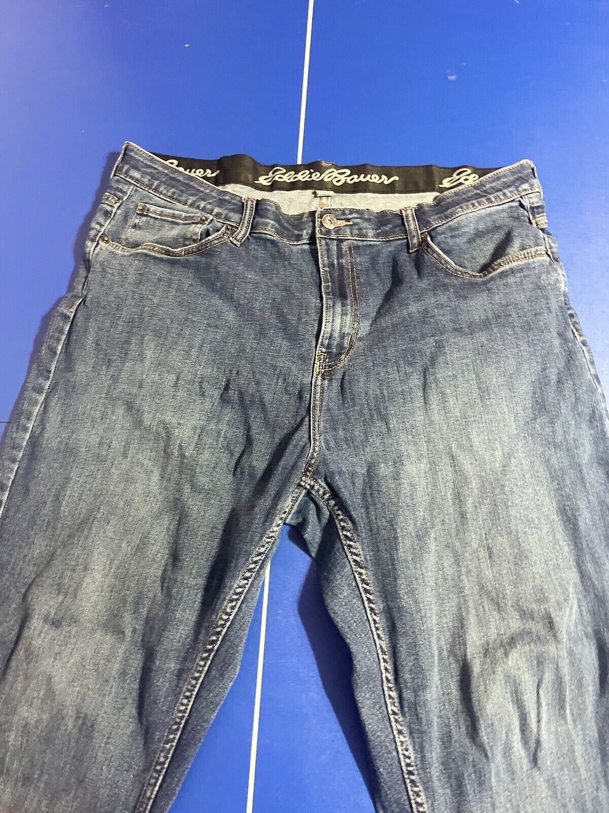 Eddie Bauer Denim Work Jeans Relaxed Basic Heavy Straight Blue Mens Size 38 x 32