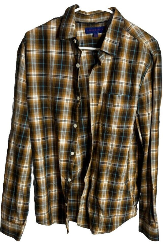 Aeropostale Men's Plaid Button Up Long Sleeve 100% Cotton Shirt Size medium