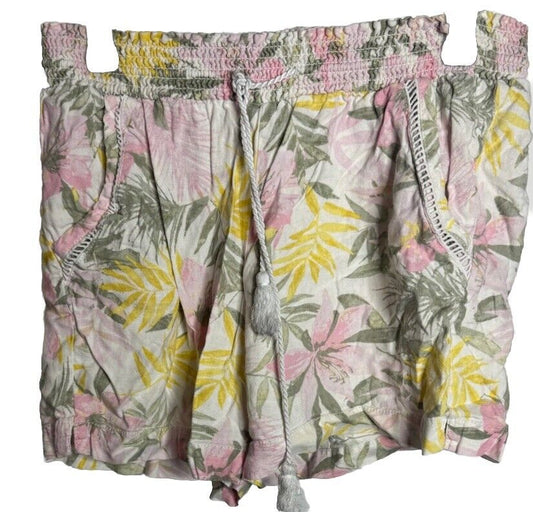 Briggs Shorts Womens Medium White Linen Blend Hawaiian Print Pull On Tassel Tie