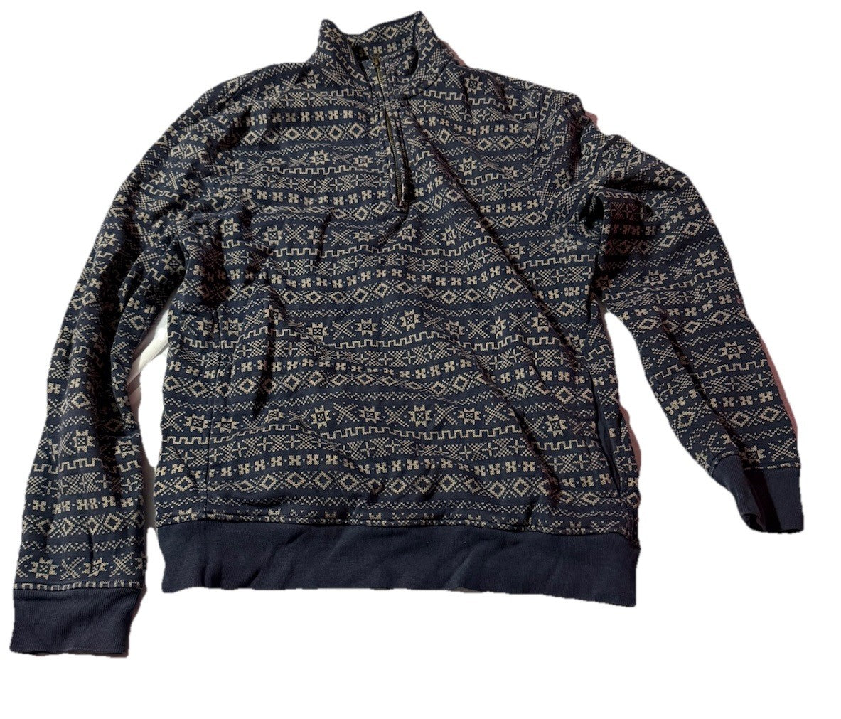 J Crew Knit Goods 1/4 Zip Pullover Mens Navy Sweatshirt Geometric Large L EUC