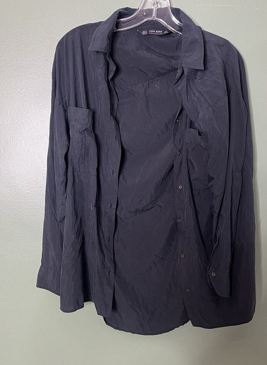 Zara Basic Womens Black Button Down Blouse, Size Medium