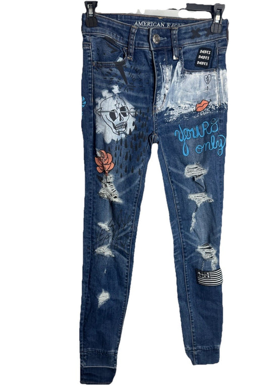American Eagle Outfitters Jegging Jeans Women's 00 Blue Denim Distressed Cotton