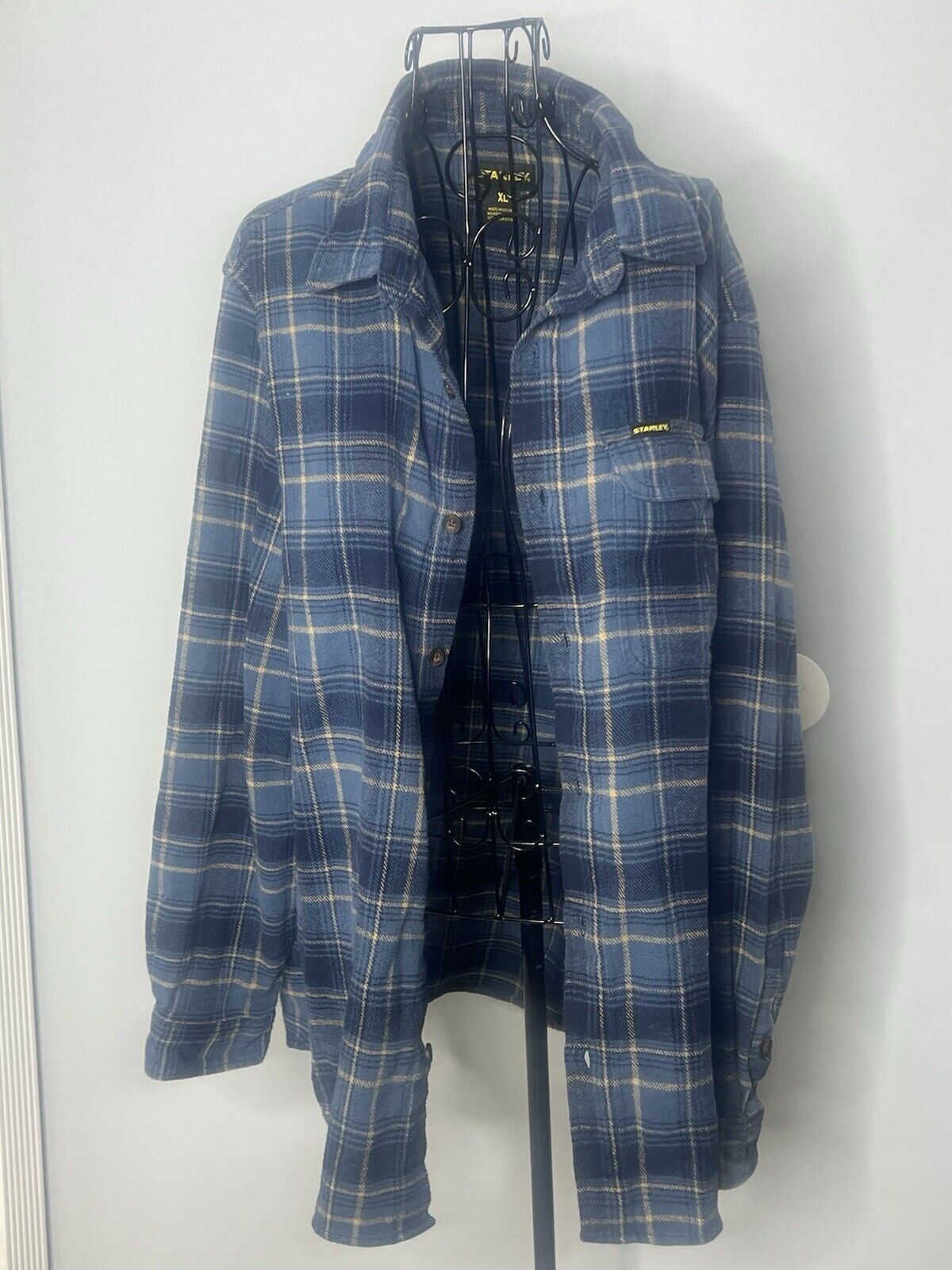 Stanley Flannel Shirt Mens XL Blue Plaid Long Sleeve Button, Minimal Damage