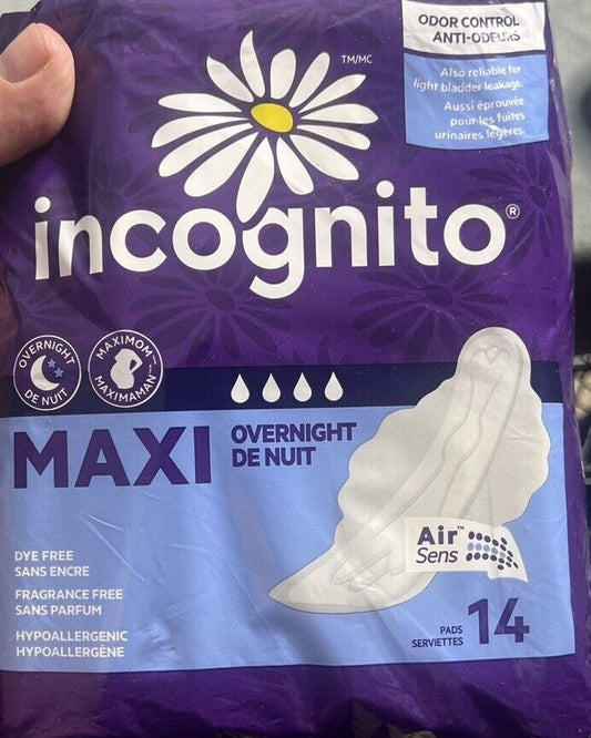 Incognito Maxi Pads With Wings Overnight Fragrance Free 14 Pads New