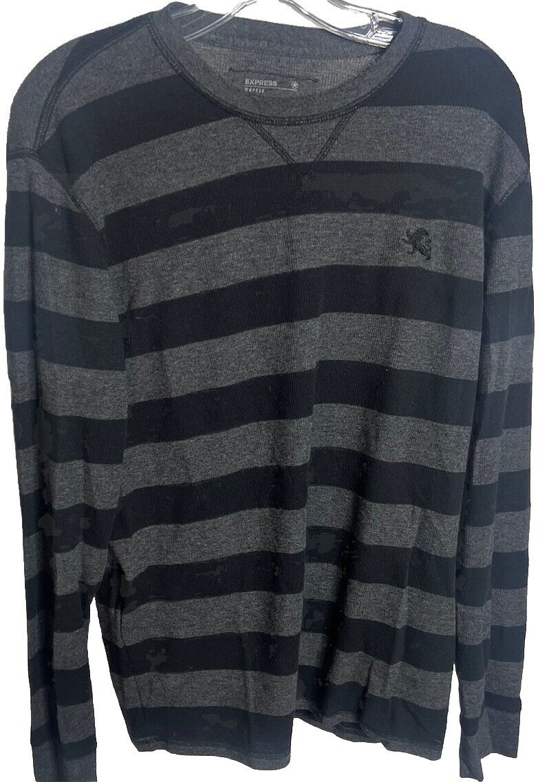 Express Waffle Knit Gray Black Striped Henly Shirt Long Sleeve Mens Medium