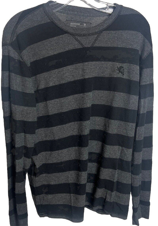 Express Waffle Knit Gray Black Striped Henly Shirt Long Sleeve Mens Medium