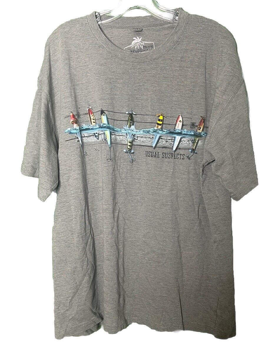 Newport Blue Fishing Lures Graphic Tee T Shirt Mens 2XL Gray Usual Suspects