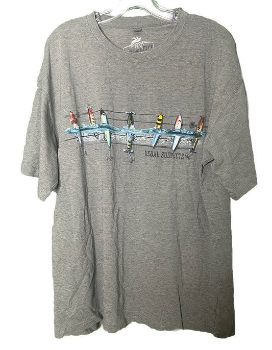 Newport Blue Fishing Lures Graphic Tee T Shirt Mens 2XL Gray Usual Suspects