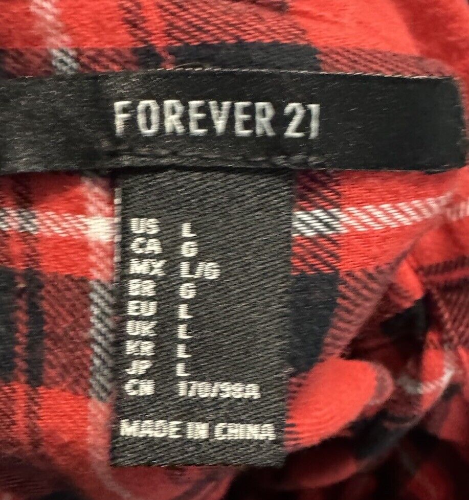 Forever 21 Womens Button Down Shirt Red Plaid Long Sleeve Cuff Collar Pocket  L