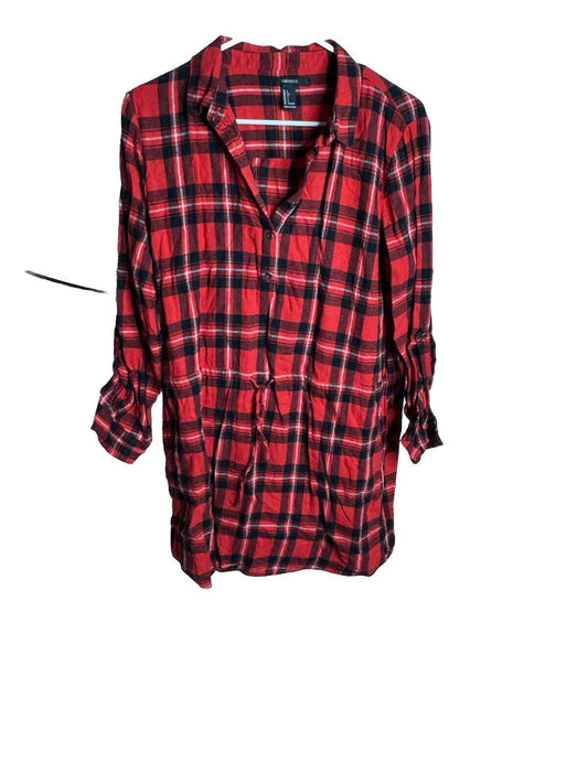 Forever 21 Womens Button Down Shirt Red Plaid Long Sleeve Cuff Collar Pocket  L