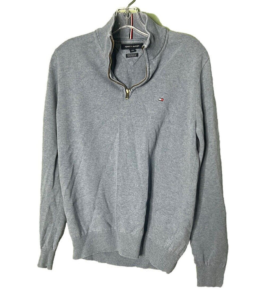 Mens Tommy Hilfiger Mock Neck 1/4 Zip Long Sleeve Gray Mesh Pullover Shirt Med
