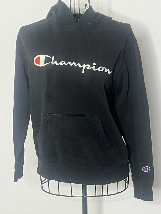 Champion Hoodie Medium Spell Out Hooded Sweatshirt Pullover Pockets Black