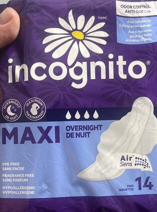 Incognito Maxi Pads With Wings Overnight Fragrance Free 14 Pads New