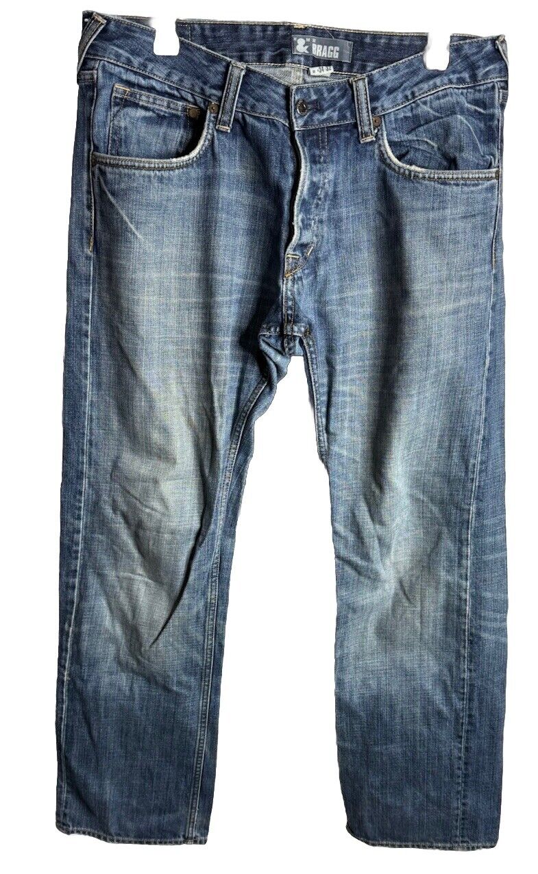 H&M &Bragg Men's Size 34x32 Blue Straight Button Fly Dark 100% Cotton Denim Jean