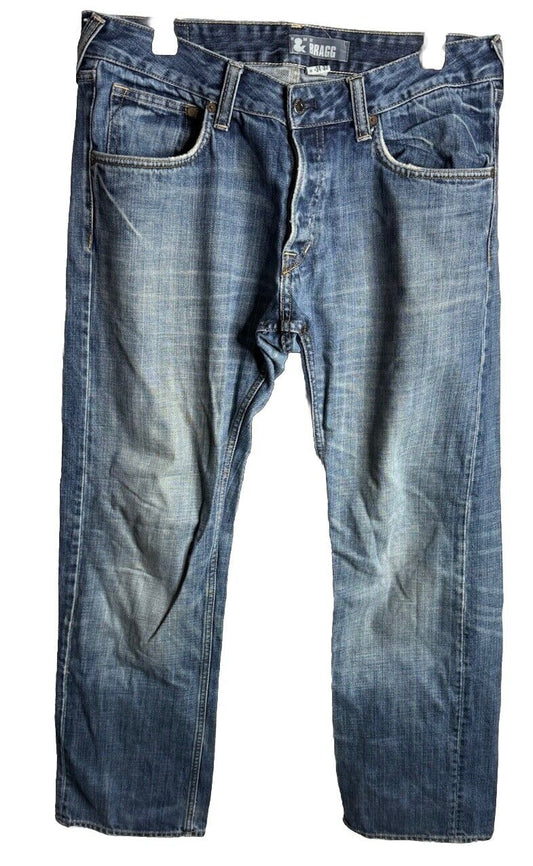H&M &Bragg Men's Size 34x32 Blue Straight Button Fly Dark 100% Cotton Denim Jean