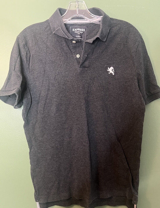 Express Polo Shirt Men M Gray Knit Short Sleeve Slit Logo Collared
