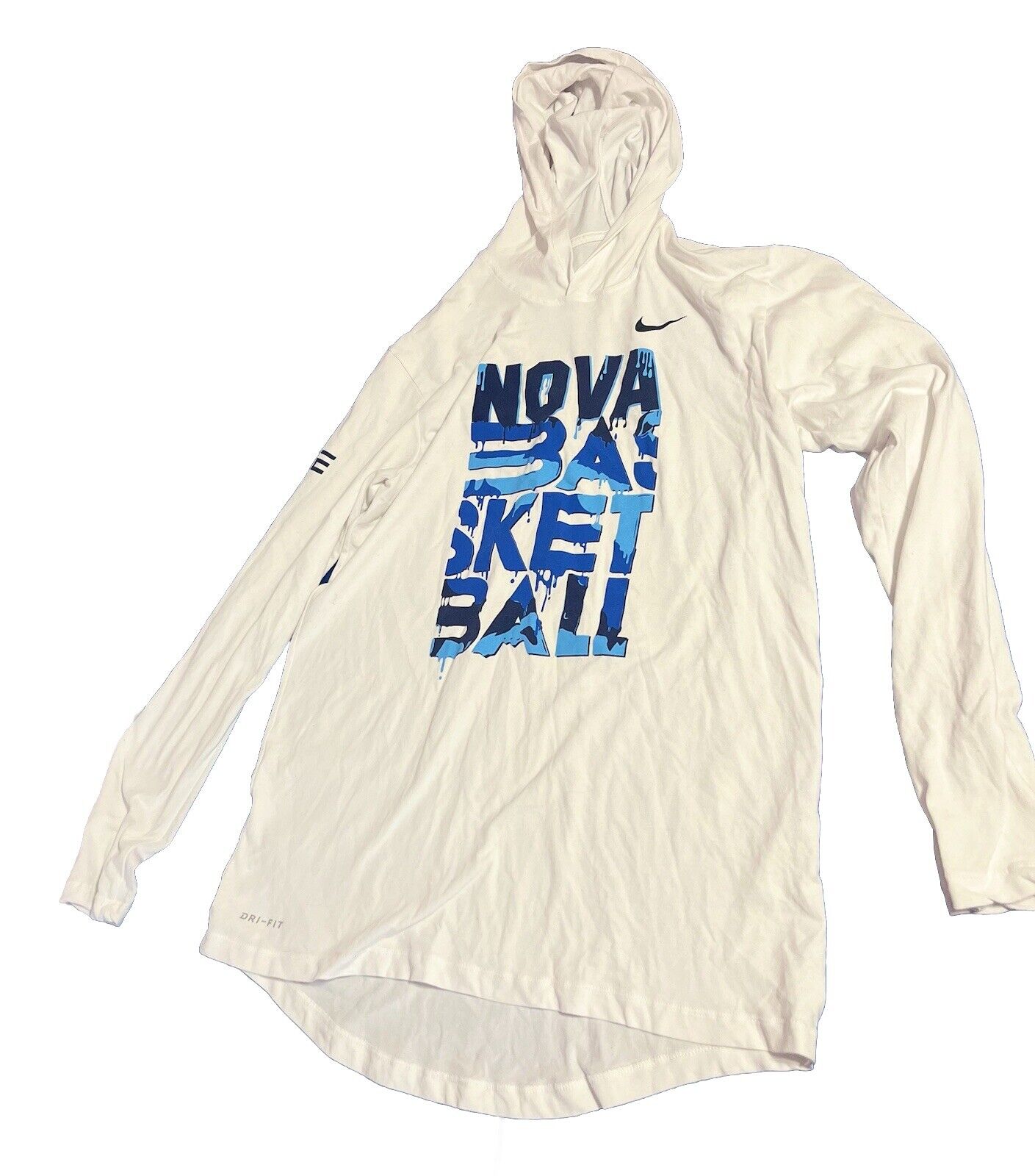 Nike Men Shirt Small White Hooded Logo Swoosh Dri Fit Long Sleeve Tee