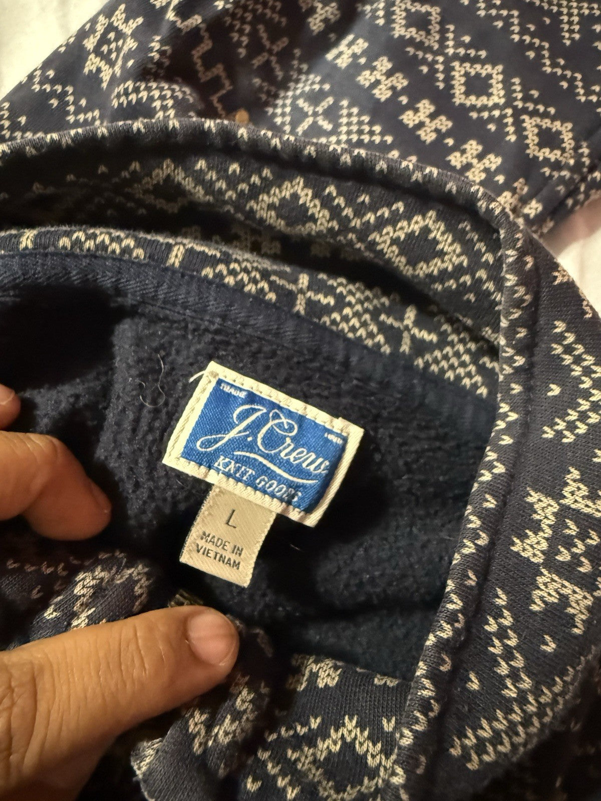 J Crew Knit Goods 1/4 Zip Pullover Mens Navy Sweatshirt Geometric Large L EUC