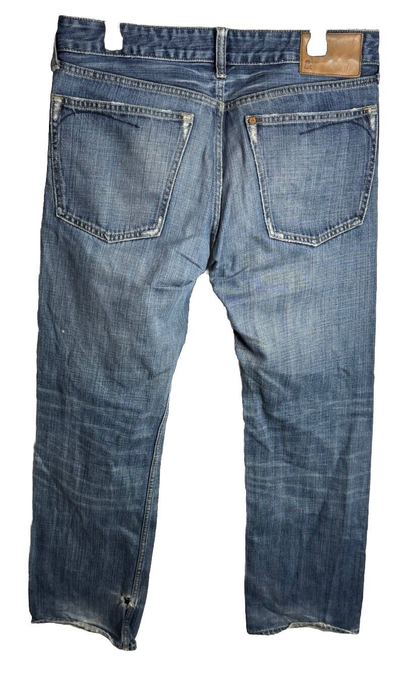 H&M &Bragg Men's Size 34x32 Blue Straight Button Fly Dark 100% Cotton Denim Jean