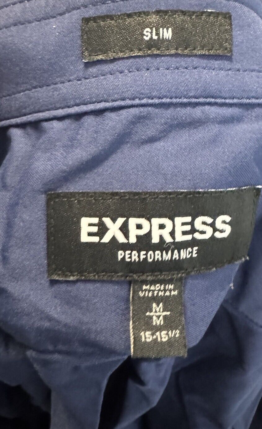 Express Shirt Adult Medium 15-15.5 Blue Long Sleeve Button Up Modern Fit Stretch