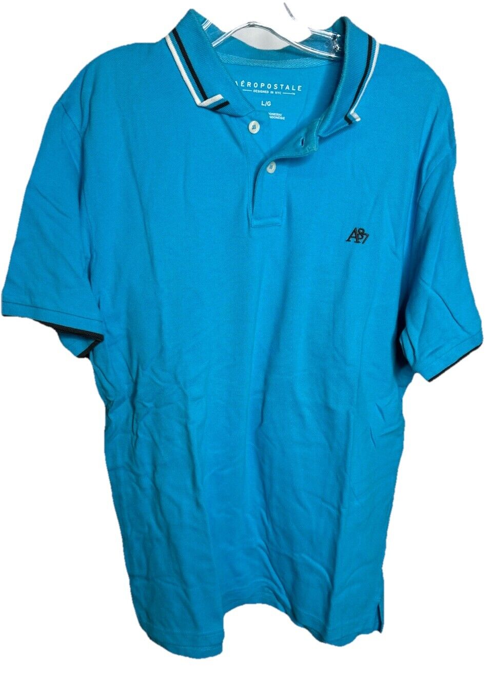 Aeropostale Mens Polo Short Solid Blue Large  Cotton Blend Short Sleeve Collar