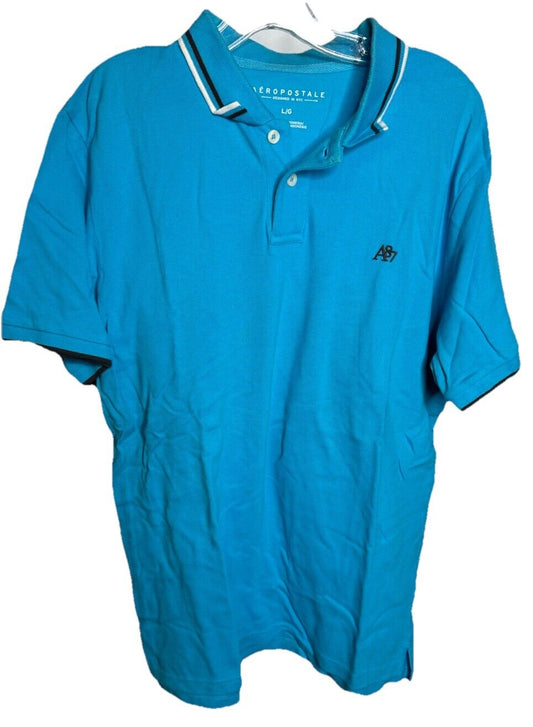 Aeropostale Mens Polo Short Solid Blue Large  Cotton Blend Short Sleeve Collar