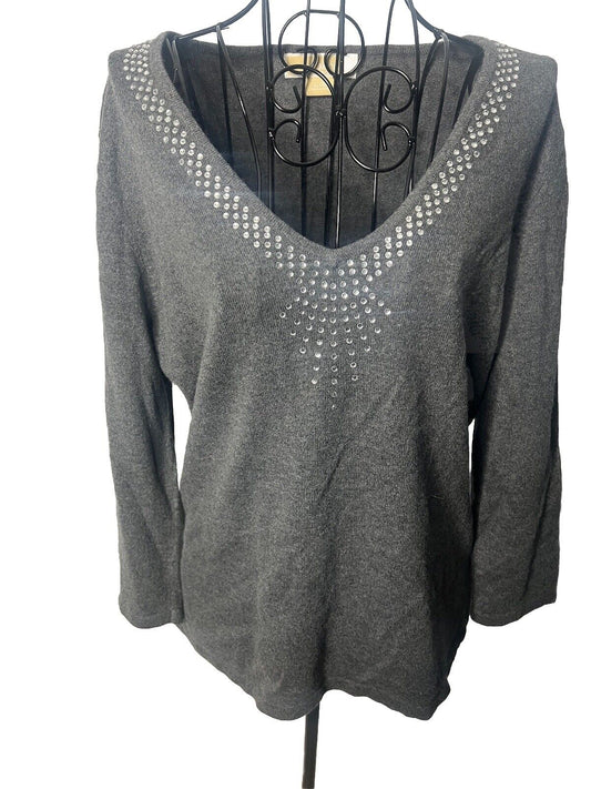 Michael Kors Women’s Stripped Shirt Long Sleeve V Neck Gray Size Large