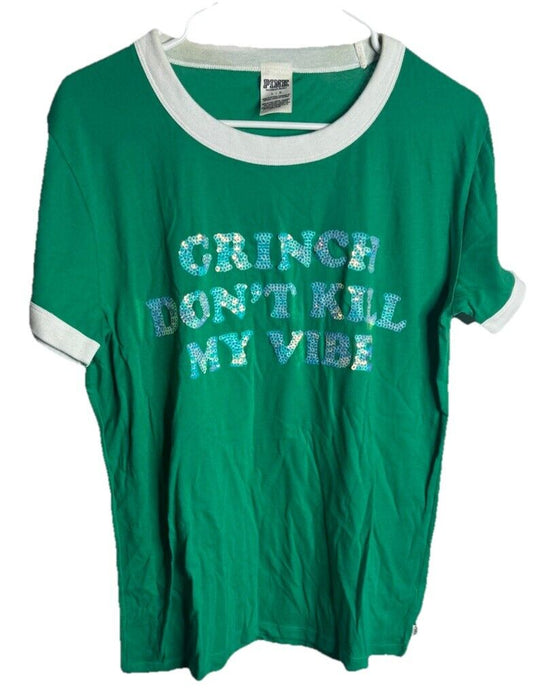Victoria’s Secret PINK Bling "Grinch Don’t Kill My Vibe" Green Ringer Tee Large